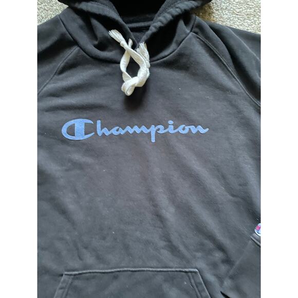 Champion Black Unisex Sweatshirt Hoodie Size Large Retro Comfy Blue Logo - Picture 3 of 7